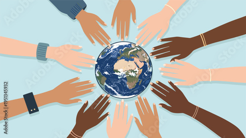 Multiracial group of hands reaching towards a central globe of the Earth symbolizing global unity, cooperation, and diversity.