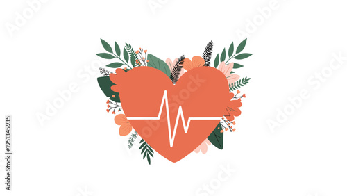 Heart shape featuring an electrocardiogram pulse line surrounded by lush green leaves and orange flowers for medical health.