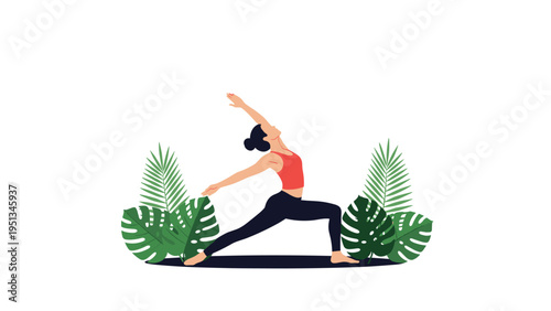 Athletic woman performing a warrior yoga pose on a dark mat flanked by large green palm and monstera leaves in a flat design style.