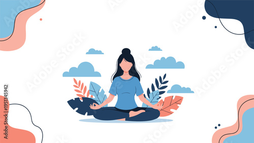 Serene woman meditating in the lotus position with floating clouds and decorative leaves on a white background for mental health.