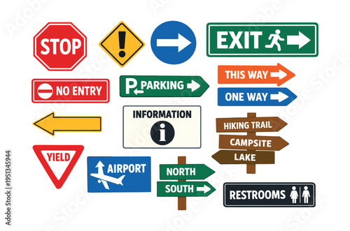 Collection of diverse road and direction signs, depicting wayfinding, traffic control, and information for navigation