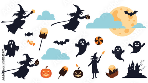 Comprehensive collection of Halloween icons including witches on brooms, ghosts, bats, pumpkins, and candy on a white background.