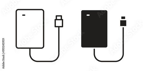 External hard drive icon set. outlined and solid flat clipart versions.