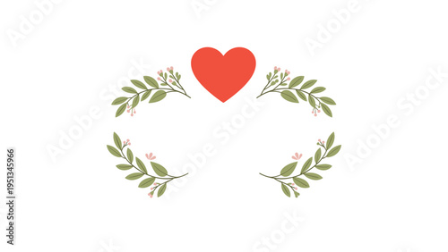 Simple and elegant design featuring a red heart placed symmetrically between two green leafy branches on a white background.