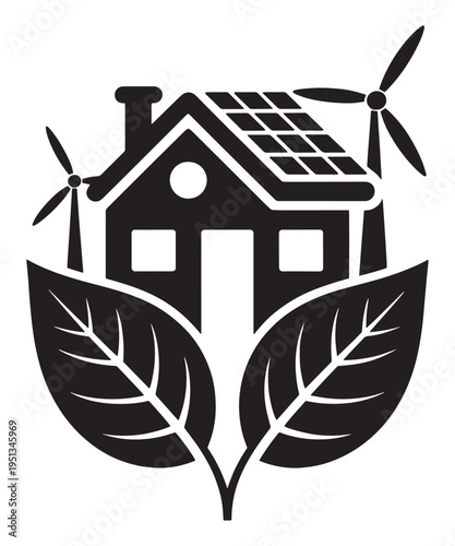 Eco-house illustration with dual wind turbines, solar panels, and leaves, signifying renewable energy.