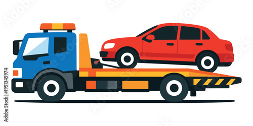 Tow truck hauling a red sedan on its flatbed, representing breakdown recovery, emergency transport, and roadside assistance
