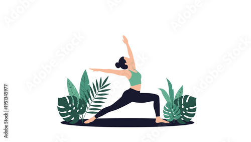 Fit woman practicing the warrior yoga pose outdoors surrounded by lush green tropical leaves for a health and fitness concept.