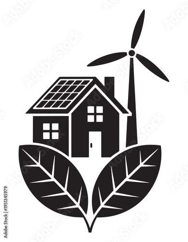 Sustainable home icon featuring solar panels and wind turbine, representing clean energy and eco-living.