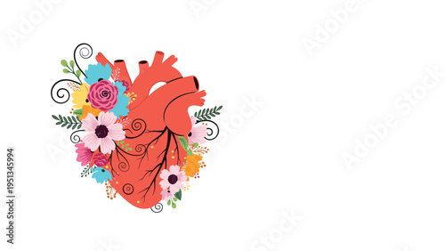 Creative illustration of a red anatomical human heart blooming with various colorful flowers and green leaves for a health theme.