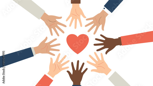 Diverse multiracial hands of different skin tones reaching towards a central red heart symbolizing love, care, and unity.