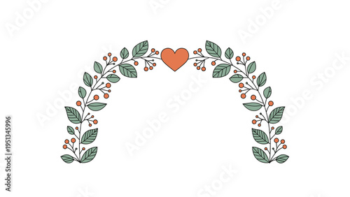Delicate floral archway composed of green leaves and orange berries with a central orange heart at the top on a white background.