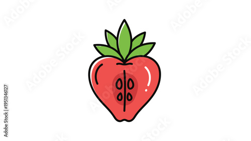 Sliced red strawberry showing internal seeds and green leaves on top isolated on a plain white background for food themes.