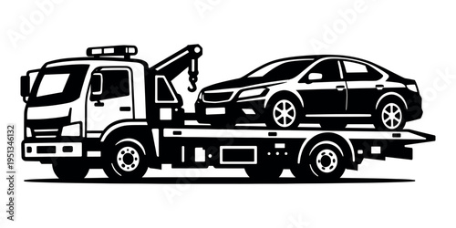 Flatbed tow truck carrying a sedan, illustrating automotive breakdown, rescue, and transportation solutions