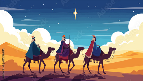 Three wise men or kings riding camels across a desert landscape under a bright star in a night sky for christmas theme.
