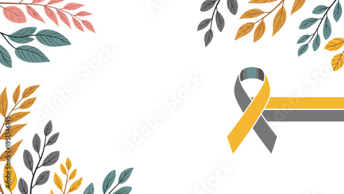 Yellow and gray awareness ribbon next to decorative leafy branches in corners on a white background for specific causes.