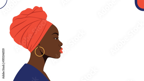 Side profile of a beautiful Black woman with dark skin wearing a bright orange headwrap and gold hoop earrings on white background.