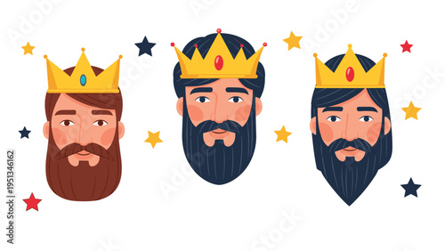 Three heads of wise men or kings wearing golden crowns surrounded by colorful stars on a white background for holiday.