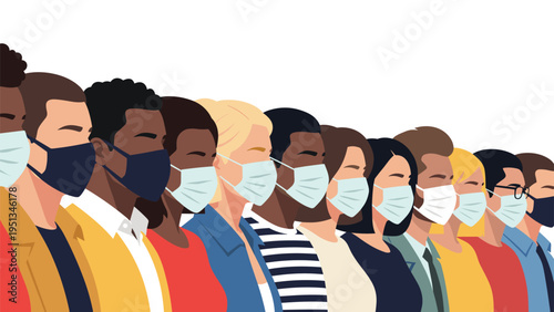Diverse group of people standing in a row wearing protective surgical face masks during a pandemic to ensure safety and public health.
