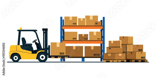 Forklift moving packaged goods and cargo in a professional distribution center or stockroom environment, representing supply chain services