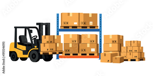 Forklift loading and unloading freight on pallets, organizing goods for storage and distribution in a large warehouse