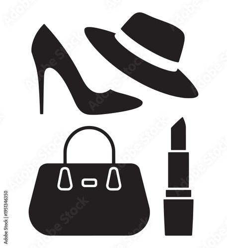 Stylish black silhouette of high heel shoe, hat, handbag, and lipstick on white background.