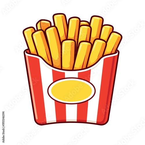 Crispy golden french fries in a classic red and white striped carton box, representing a tasty fast food snack or meal side