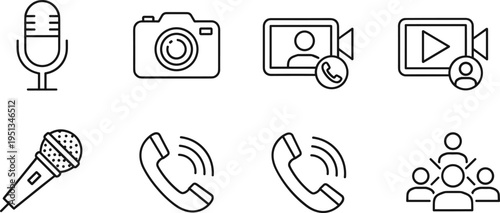 Multimedia and Communication Icon Set Featuring Microphone, Camera, Video Call, and Group Call Symbols for Media, Broadcasting, and Virtual Communication Applications