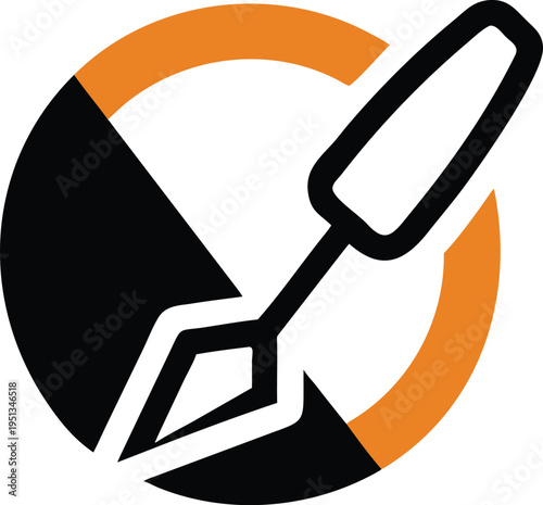 Black and orange trowel in a circle symbol