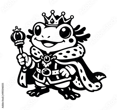 Cartoon amphibian character with an axolotl-like appearance dressed in royal regalia, embodying leadership and cute fun