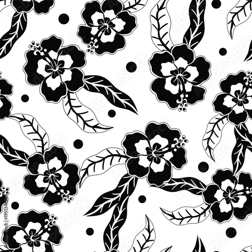 Black and white hibiscus vector repeat pattern illustration