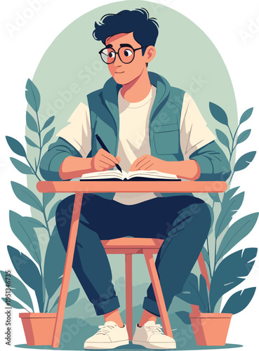 Illustrazione vettoriale di uno studente seduto o in piedi mentre studia e prende appunti. Concetto di apprendimento, concentrazione, educazione e studio, ideale per scuola, università e formazione.