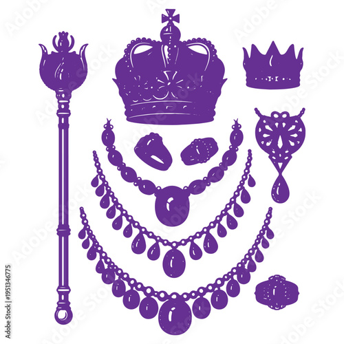 Royal regalia elements including crown scepter necklaces earrings and jewels isolated on transparent background