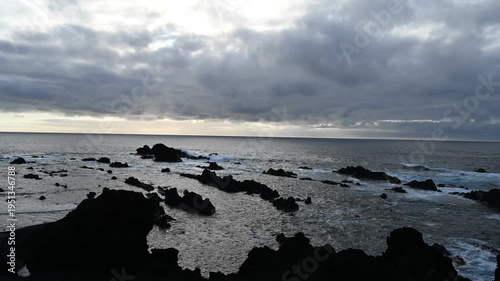 Panoramic time lapse video of a sunset in the Atlantic Ocean, with moving clouds and volcanic rock formations protruding from the seawater.
