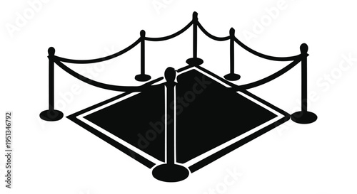 Black and white illustration of a velvet rope barrier and stage platform