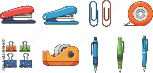 Office Supplies Icon Set with Staplers, Paper Clips, Tape Dispensers, and Ballpoint Pens Vector Illustration
