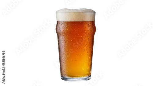 Bild auf Leinwand Isolated pint glass of cold amber ale with a thick foamy head and refreshing con