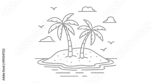 A minimalist illustration of a tropical island with palm trees and birds