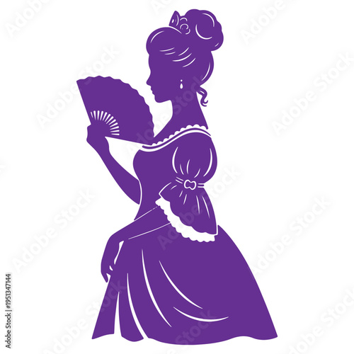 Silhouette of a woman in a dress holding a fan isolated on transparent background standing sideways in a beautiful pose