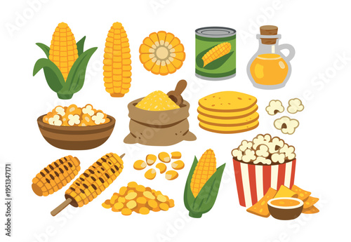 Corn food products and prepared dishes. Illustrating maize, popcorn, tortilla, chips, flour, grains, and oil