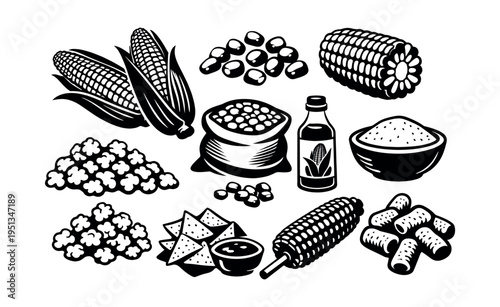 Various corn-based products from agriculture to prepared snacks, showcasing different forms of the popular grain food staple