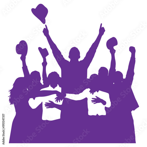 Silhouette of people celebrating with hearts and raised hands isolated on transparent background