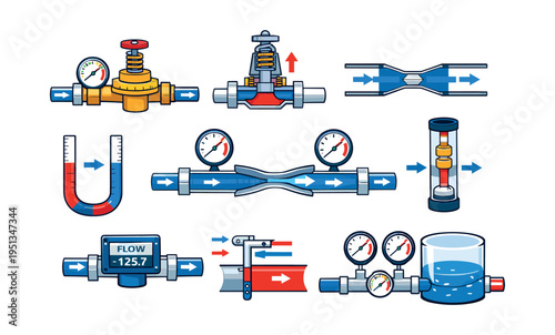 Various devices and industrial instruments illustrating principles of fluid dynamics, flow measurement, and control in pipe systems