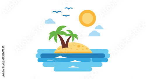 A tropical island scene featuring a palm tree sun and blue ocean waves
