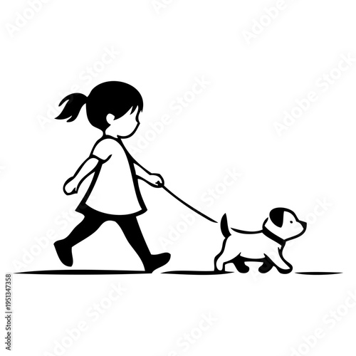 Dibujo sencillo con líneas de una niña de pie, con ropa informal, andando con un cachorro de perro con correa 