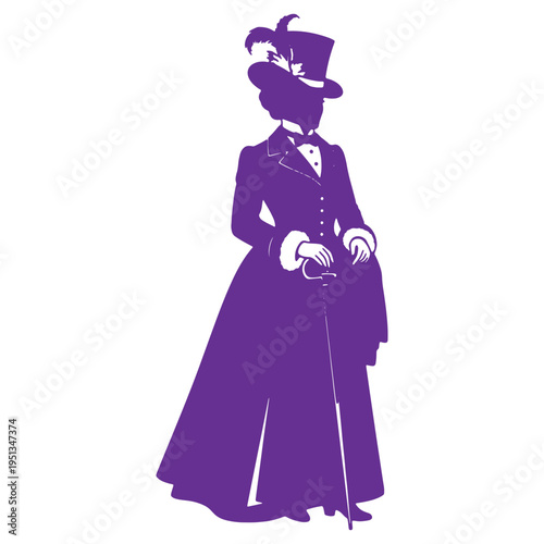 Silhouette of woman in elegant long coat and top hat with feather standing with cane isolated on transparent background