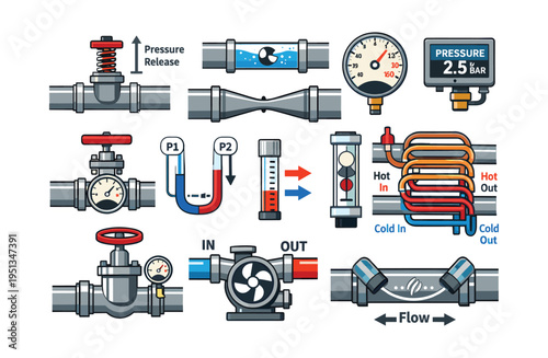 Industrial pipe systems and components illustrating fluid mechanics, pressure release, temperature exchange, and flow measurement processes