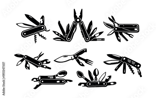 Illustrating various multi-tool designs, including folding pocket knives with diverse functions, pliers, and outdoor preparedness equipment
