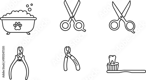 Pet Grooming Icon Set with Bathtub, Scissors, Nail Clippers, Toothbrush, and Hygiene Tools for Pet Care, Animal Grooming, and Veterinary Services