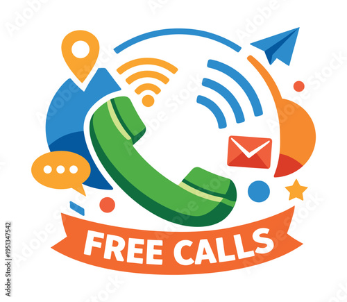 Communication services concept featuring a green phone, free calls ribbon, surrounded by app icons and wireless waves