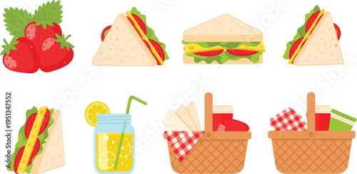 Picnic Food Set with Sandwiches, Strawberry, Lemonade, and Picnic Baskets Vector Illustration for Outdoor Dining